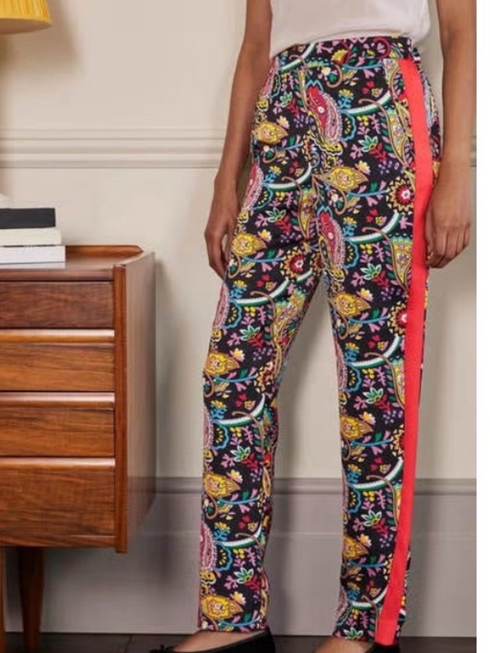 Boden Ludlow Satin Trousers Size 6 Paisley Straight Leg Pants Red Side Stripe